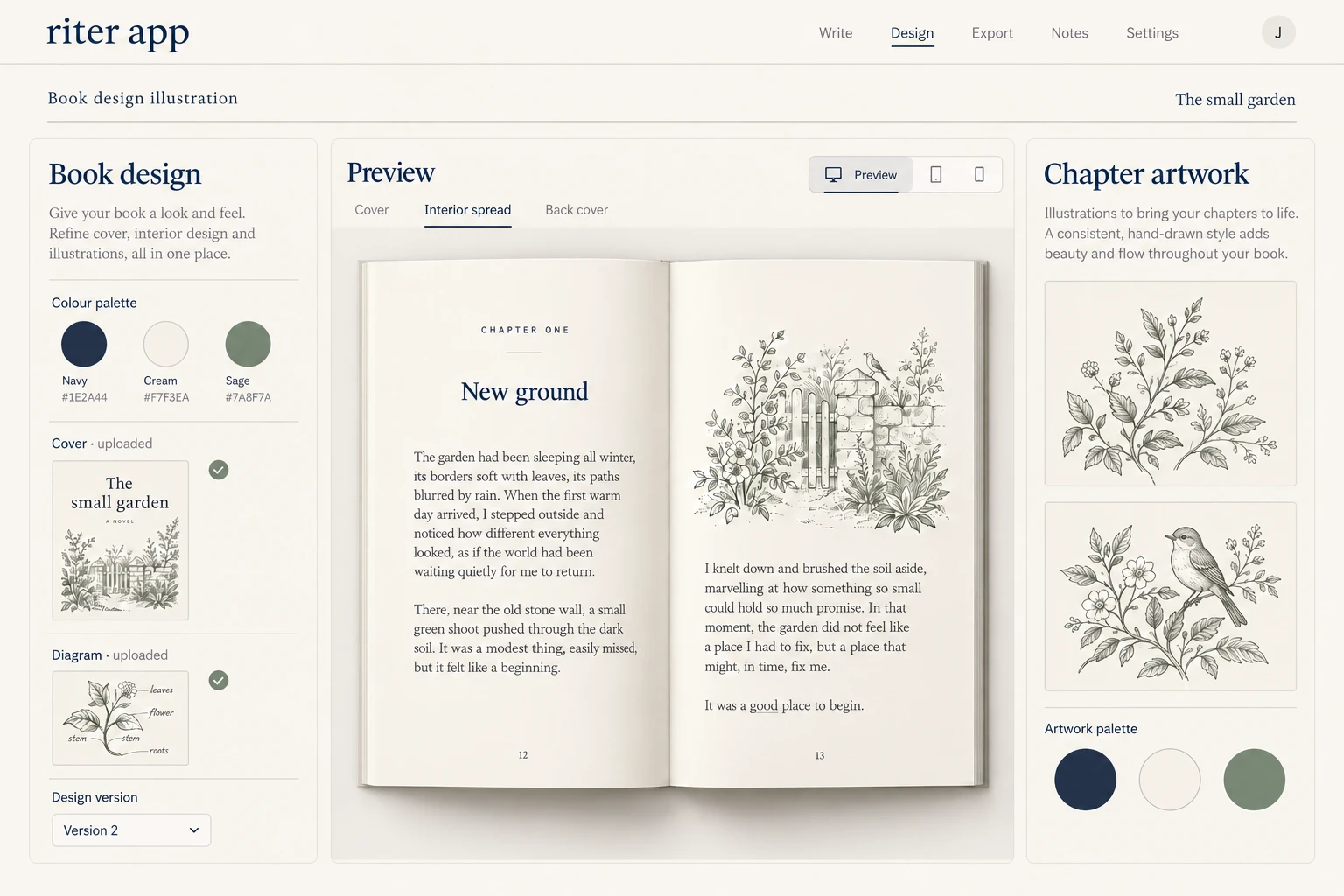 Book-design illustration with a matching cover, botanical chapter artwork and an open spread.
