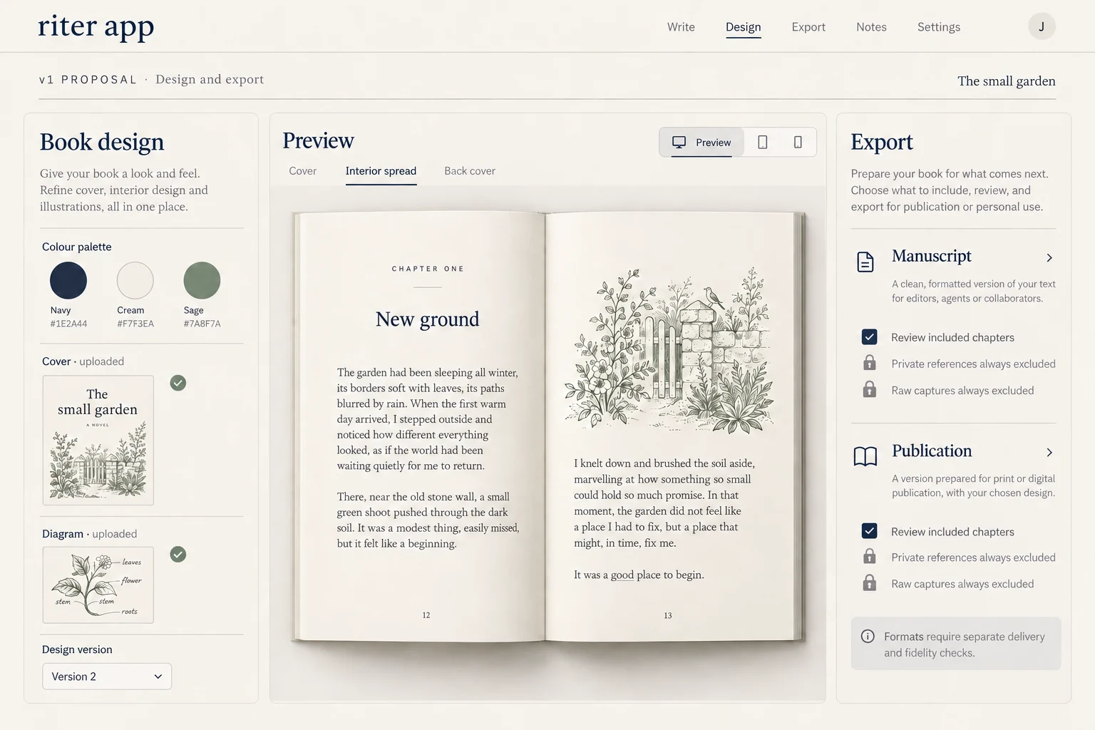 Design illustration of an open book showing an interior chapter, with typography and export controls around it.