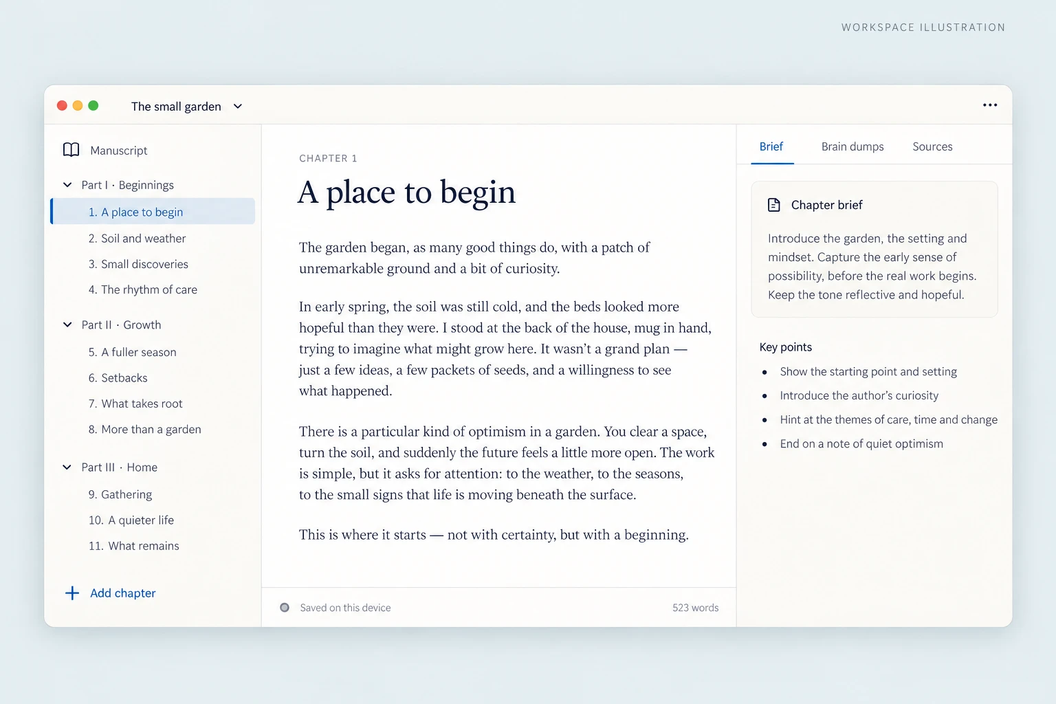 Illustrated writing workspace with chapter navigation, a manuscript titled A place to begin, and a chapter brief beside it.