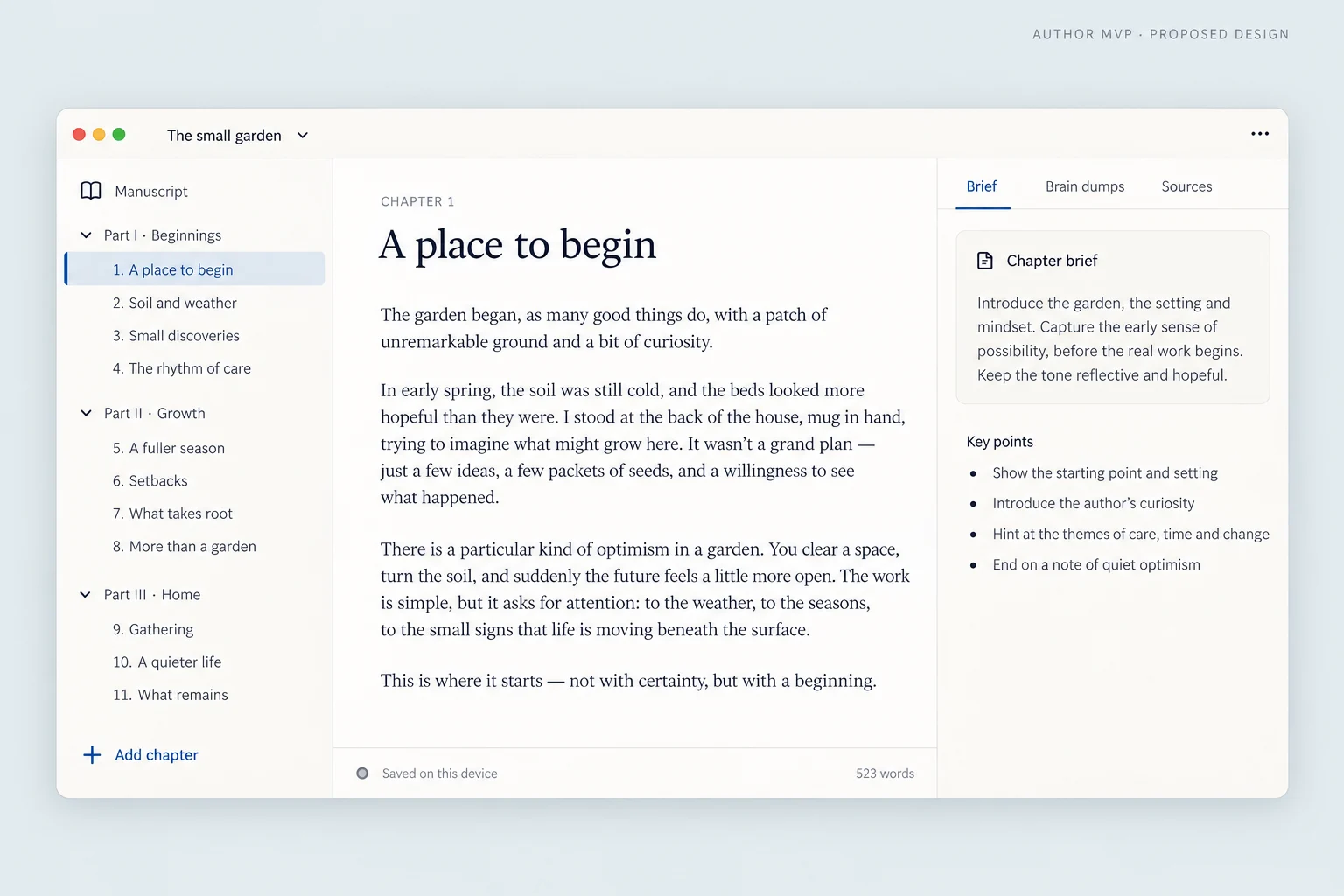 Illustrated writing workspace with chapter navigation, a manuscript titled A place to begin, and a chapter brief beside it.